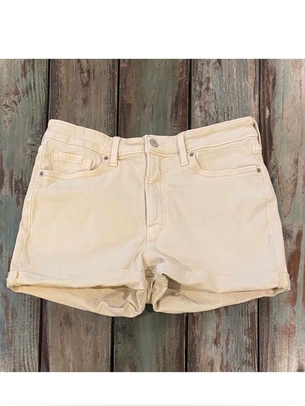 Old Navy Denim Shorts Tan High Rise O.G. Cuffed Stretch Womens Size 12